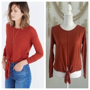 Madewell modern tie front sweater burnt orange sienna soft crew neck medium